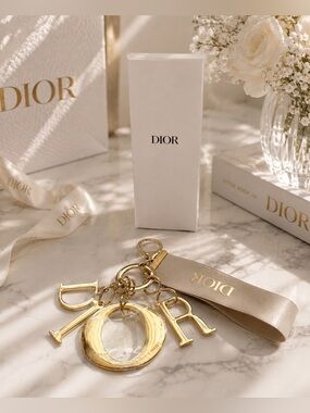 NEW! DIOR gold Logo Keychain Charm with Ribbon GWP!